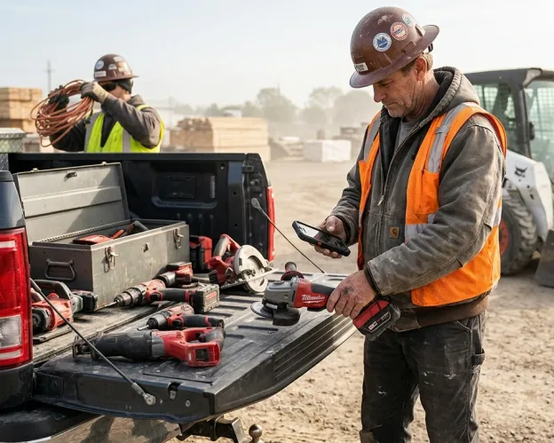 Un superintendente de obra con chaleco reflectante escaneando una herramienta eléctrica con un celular resistente durante la salida de la mañana, con caja de herramientas y equipo en la caja de la camioneta, y un minicargador estacionado en el patio detrás