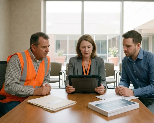 Contador público com tablet revisando o cadastro consolidado de bens junto de um responsável de obras com colete refletivo e de um responsável de TI em uma sala de reunião, com o relatório patrimonial sobre a mesa