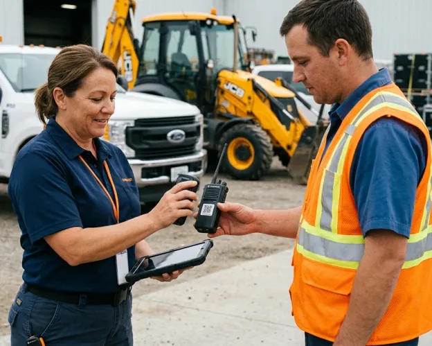 Supervisora de obras da prefeitura lendo com um tablet a etiqueta QR de um rádio comunicador ao entregá-lo a um servidor de colete refletivo, com caminhonete e retroescavadeira no pátio ao fundo