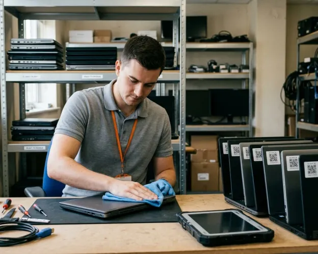 Técnico de TI formatando um notebook recuperado na bancada para entregar de novo, com notebooks etiquetados prontos ao lado e prateleiras de equipamento reserva ao fundo