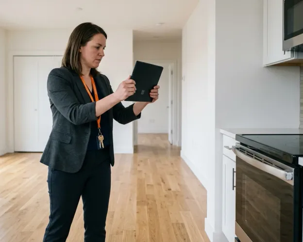 Administradora fotografiando una cocina con tablet durante la inspección de salida, documentando el estado de la unidad