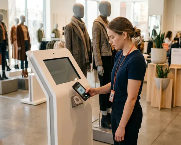 Profissional de visual merchandising lendo a etiqueta QR de um quiosque durante o inventário pelo celular, com manequins e adereços de vitrine ao fundo