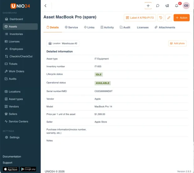 UNIO24 BT varlık detayı — seri numarası, garanti, zimmet ve işlem geçmişiyle bir laptop kaydı