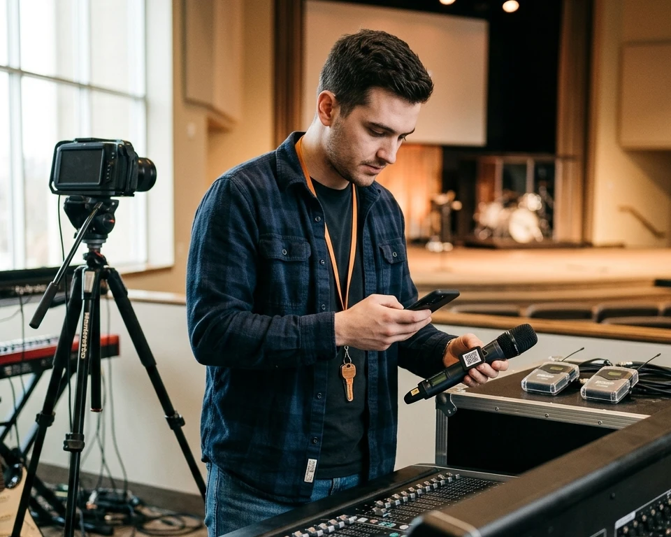 A church AV technician scanning the QR tag on a wireless microphone with his phone before a service, a mixing console, camera, keyboard, and in-ear monitor packs around him and the stage behind