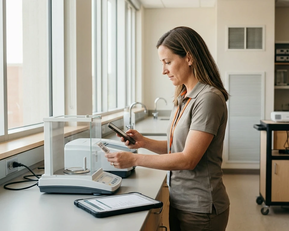 A university facilities technician scanning the QR asset tag on a lab balance with her phone while calibrating it, an AV cart and HVAC vent in the background