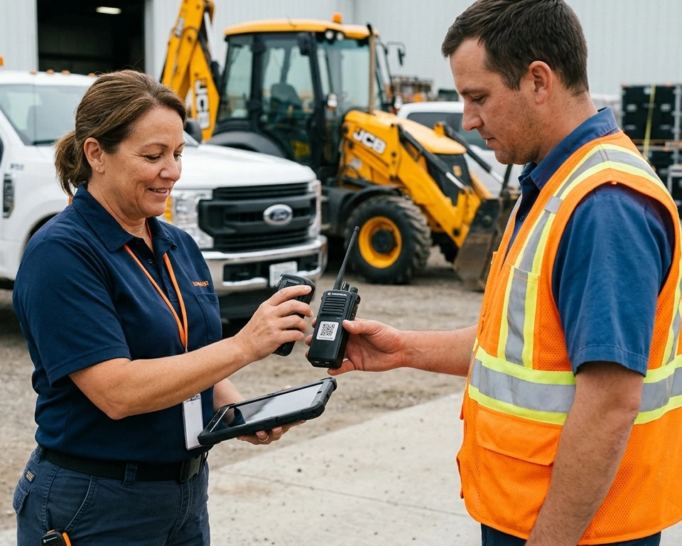 A municipal public-works supervisor scanning the QR tag on a two-way radio with a tablet as she hands it to a hi-vis crew member, a works pickup and a backhoe in the depot yard behind
