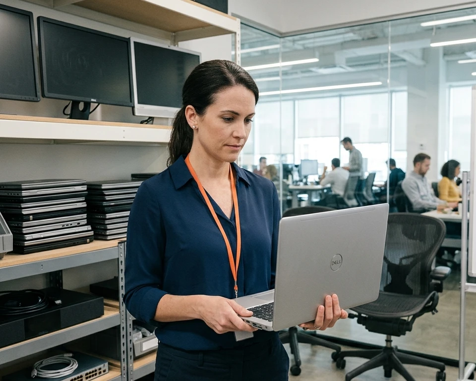 An IT asset manager with a laptop taking inventory in an office IT storeroom, shelves of monitors, laptops, and network switches beside her and the open-plan office visible through a glass partition