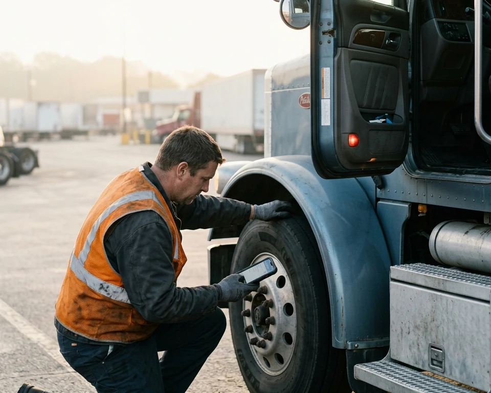 A truck driver in a hi-vis vest crouched at the steer tire of a tractor doing a pre-trip inspection, logging it on a phone, the cab door open and depot trailers behind