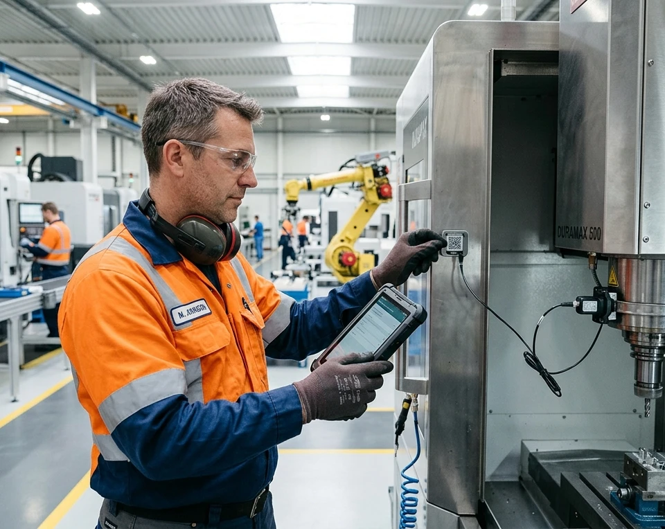 A maintenance technician in safety glasses and ear muffs scanning the QR tag on a CNC machine with a rugged tablet during a planned PM check, a condition sensor on the housing and a robotic arm on the factory floor behind