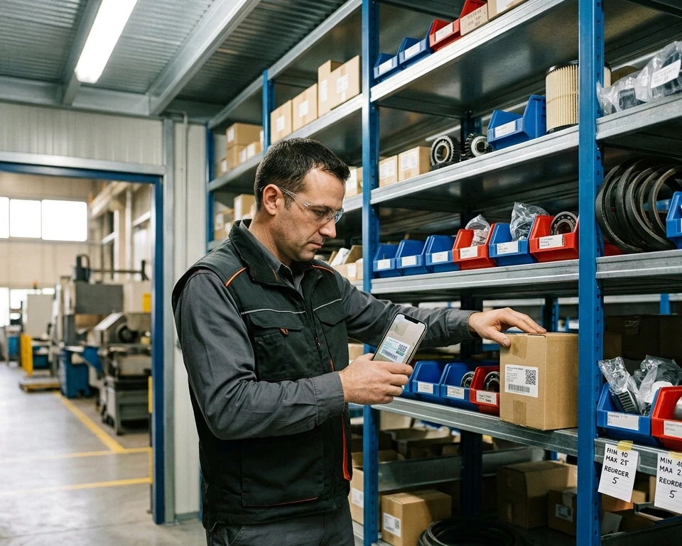 A maintenance storekeeper scanning a QR-labeled spare part with a phone at a tidy MRO crib of labeled bins, min/max reorder cards on the shelf and machines on the factory floor behind