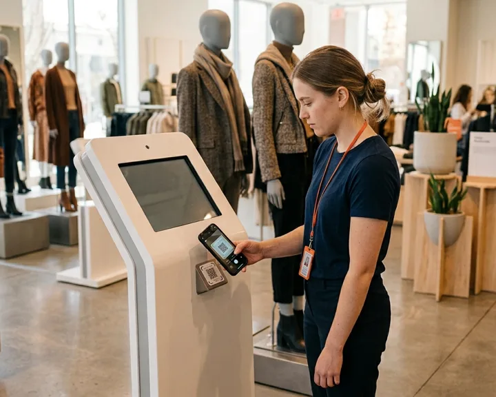 Visual-merchandising associate scanning a QR tag at a store kiosk during a mobile fixture audit, mannequins and display props behind her