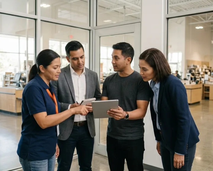 Store manager, district manager, IT specialist, and finance lead reviewing one shared inventory on a tablet in a store back office