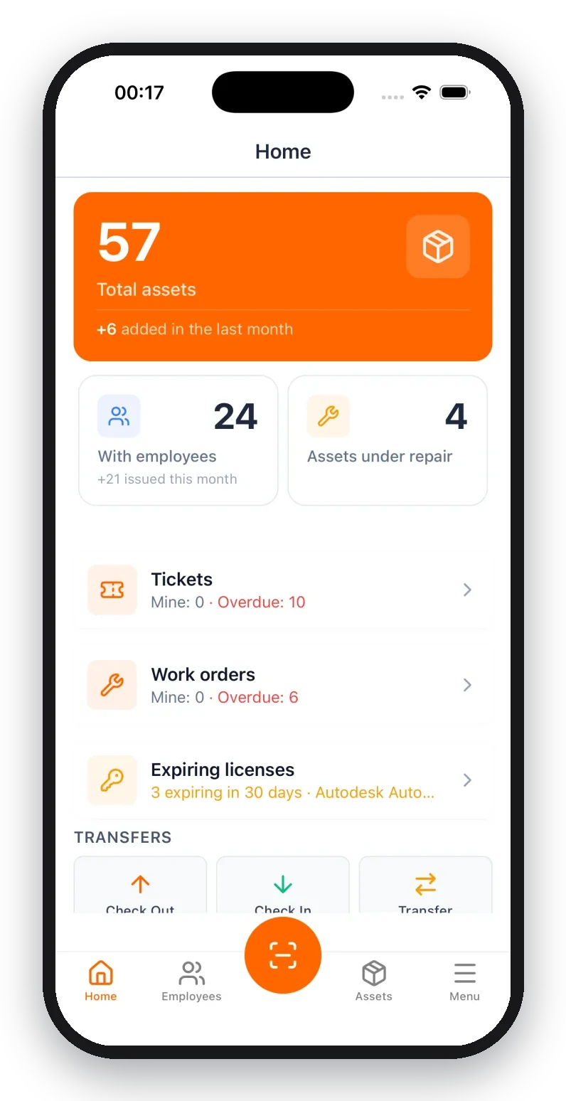 UNIO24 mobile dashboard showing total assets, tickets, and work orders
