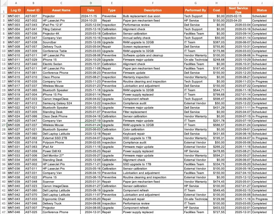 Maintenance Log sheet preview
