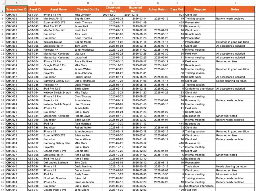 Check-out Log sheet preview