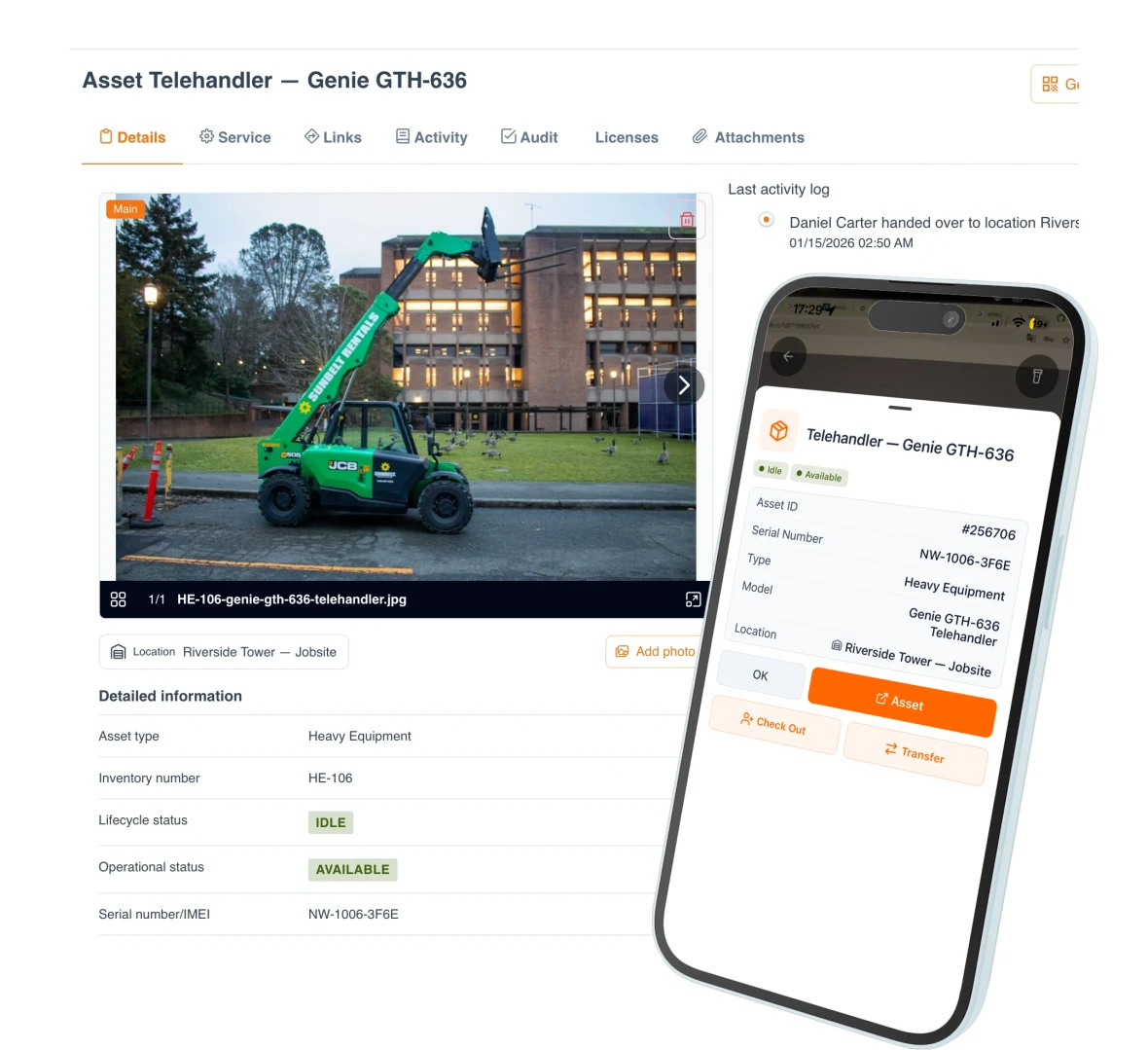 Asset detail for a Genie GTH-636 telehandler open on web and mobile side by side: main photo, lifecycle and operational status, serial number, location and activity log, with the same record shown in the phone app