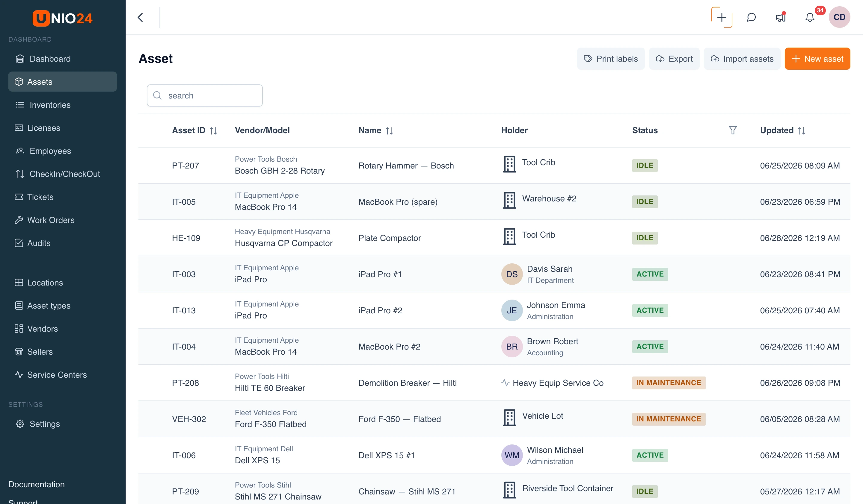 UNIO24 cloud asset register in a browser — searchable list with the module menu