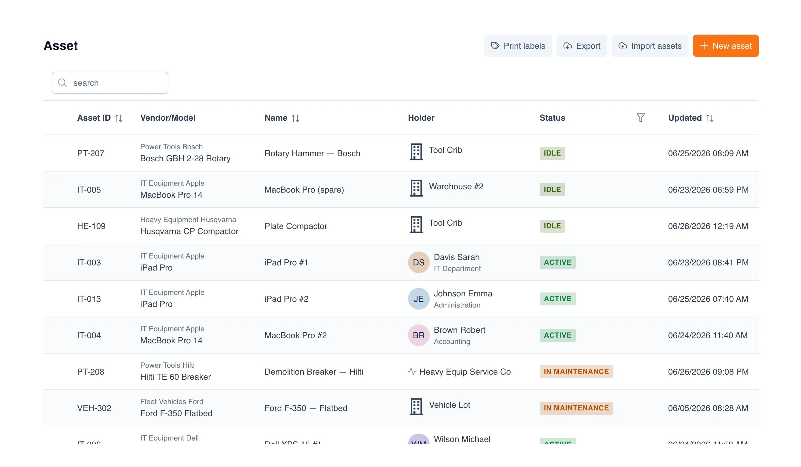 UNIO24 asset register — searchable list of every asset with category, location, and status