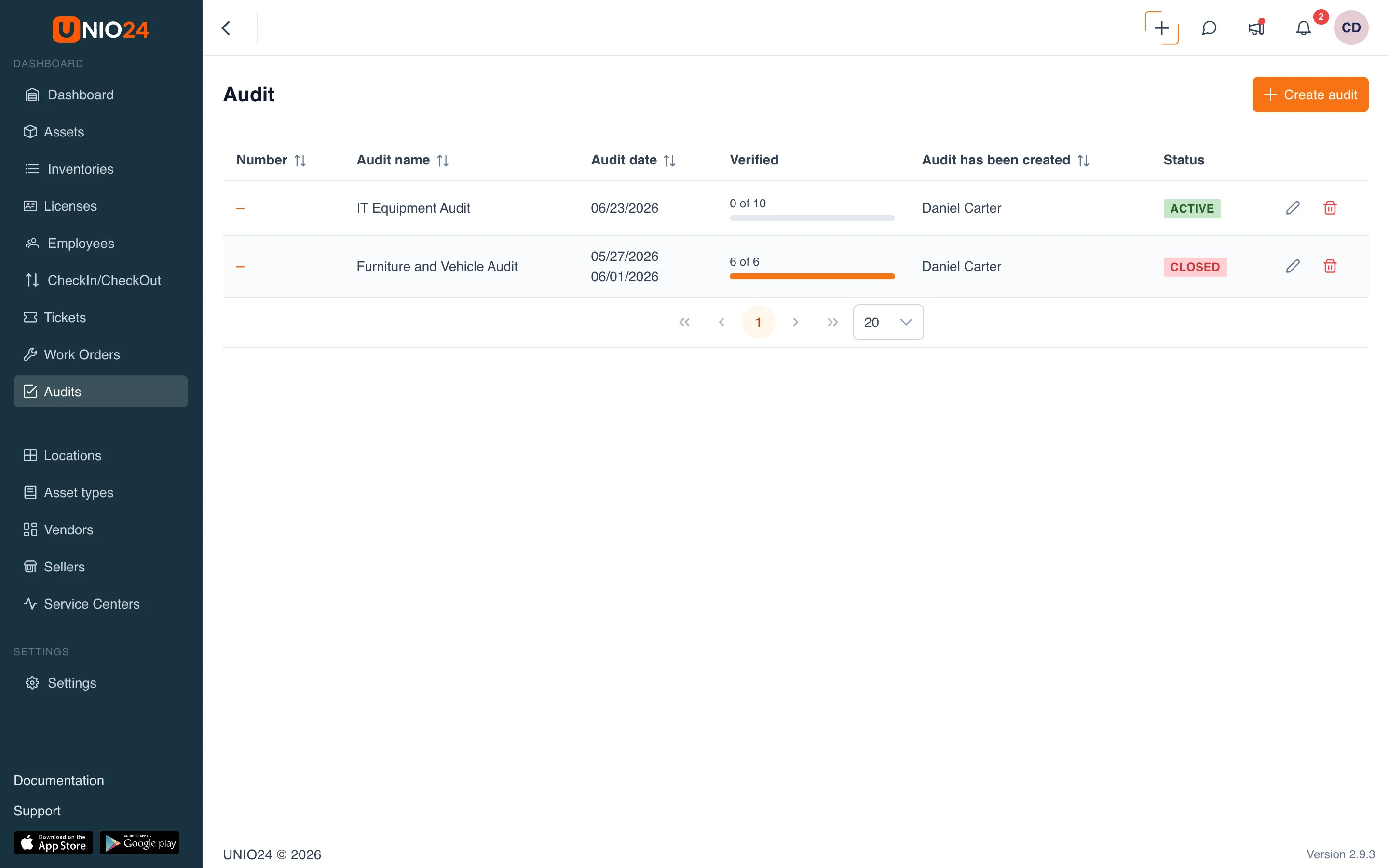 Self-Service Audit view (phone or desktop browser): OTP entry on first screen, asset list with present/missing/damaged tap targets