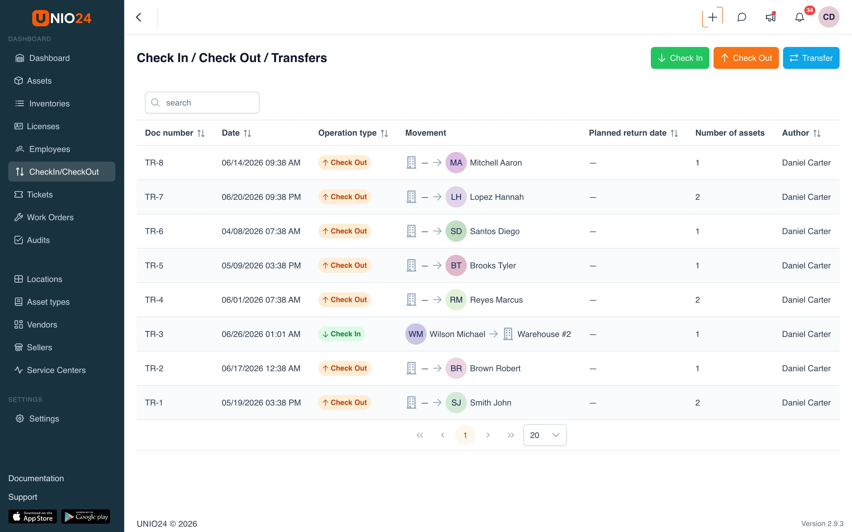 Check-in / check-out, custody transfers with who, where, and when