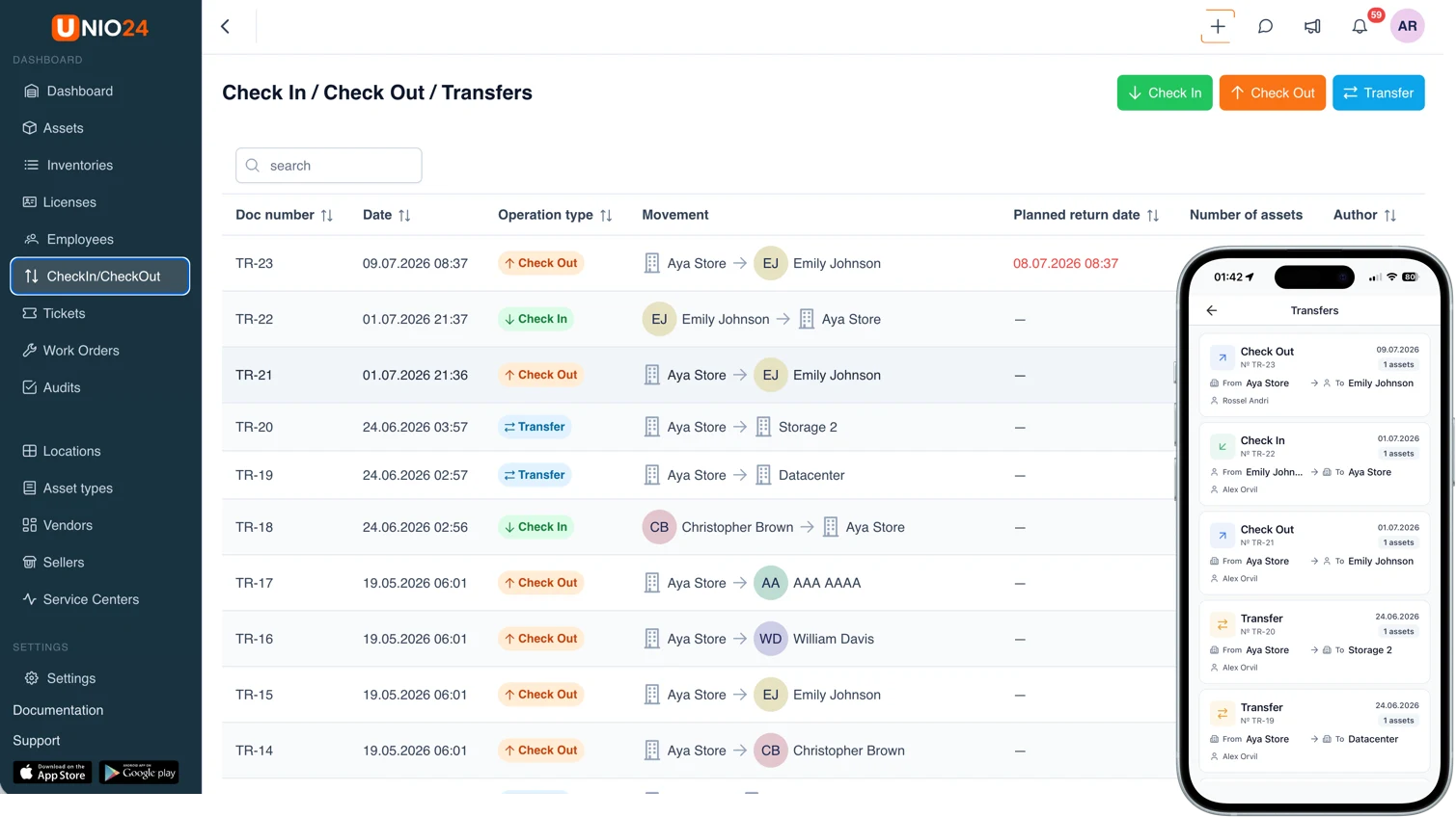 UNIO24 check-in / check-out / transfers log on web and mobile — every movement with operation type, from/to, and planned return date