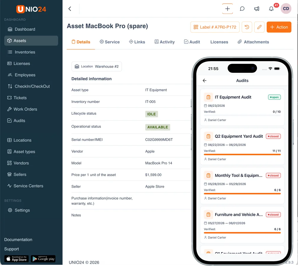 UNIO24 cloud asset management on web and mobile: an asset record open in a browser with the audits list on a phone
