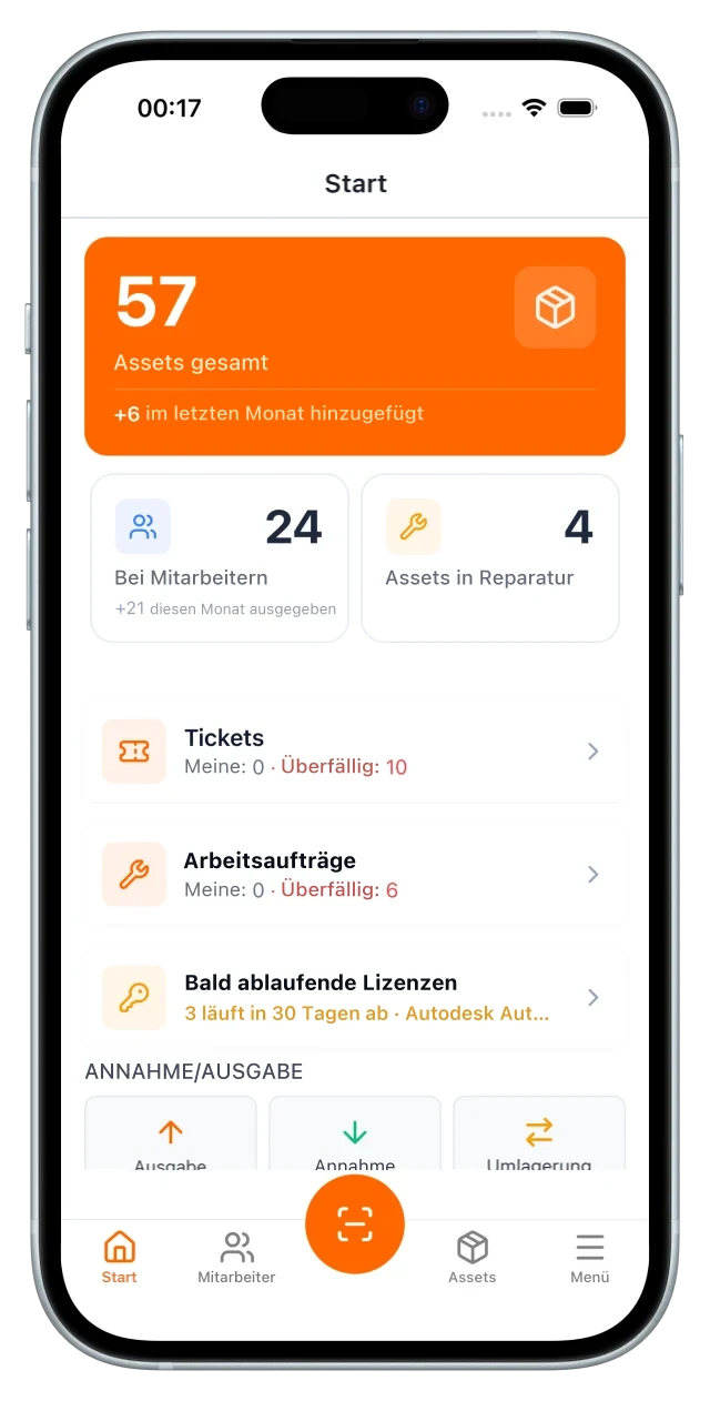 Startbildschirm der UNIO24-App: Gesamtzahl der Objekte, an Mitarbeiter ausgegebene Objekte, Zähler für Tickets und Arbeitsaufträge sowie der Block Annahme/Ausgabe mit den direkten Aktionen Ausgabe, Annahme und Umlagerung