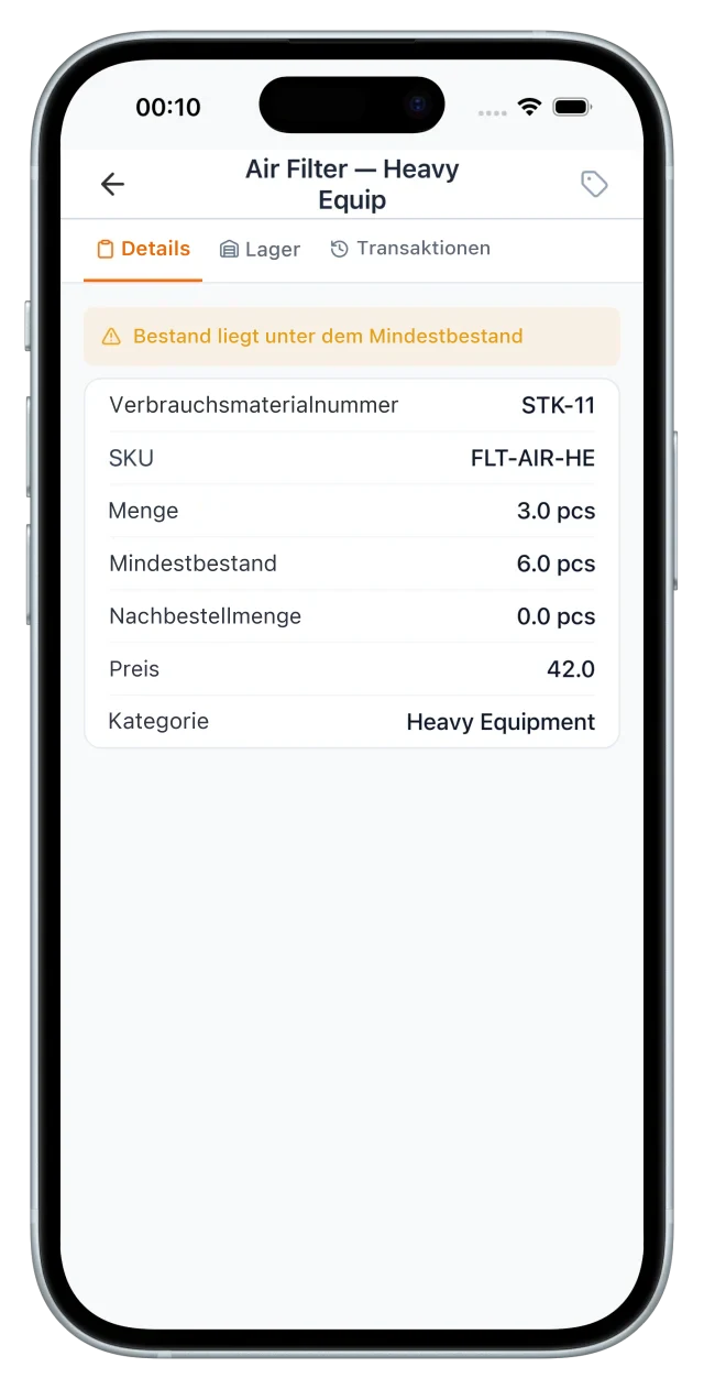 Artikelkarte eines Luftfilters unter seinem Mindestbestand: Artikelnummer, SKU, Menge, Nachbestellmenge und Preis