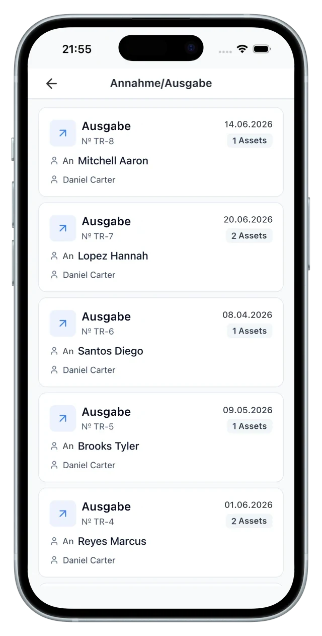Der Bereich Annahme/Ausgabe: Ausgaben an namentlich genannte Mitarbeiter, mit Datum und Anzahl der Objekte