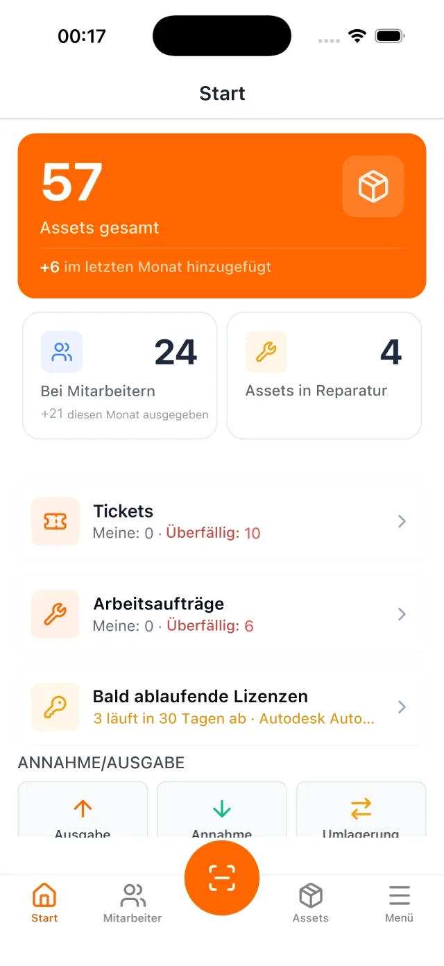 Startbildschirm der UNIO24-App: Gesamtzahl der Objekte, ausgegebene und in Reparatur befindliche Objekte, Zähler für Tickets und Arbeitsaufträge, dazu der Block Annahme/Ausgabe mit den direkten Aktionen Ausgabe, Annahme und Umlagerung