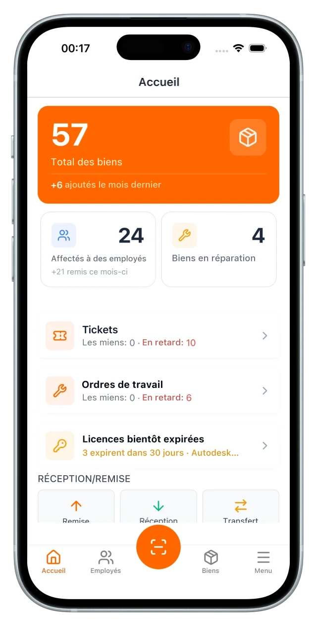 Écran d'accueil de l'application mobile UNIO24 : total des équipements, équipements détenus par des salariés, tickets, ordres de travail et le bloc Réception/Remise avec les actions rapides Remise, Réception et Transfert