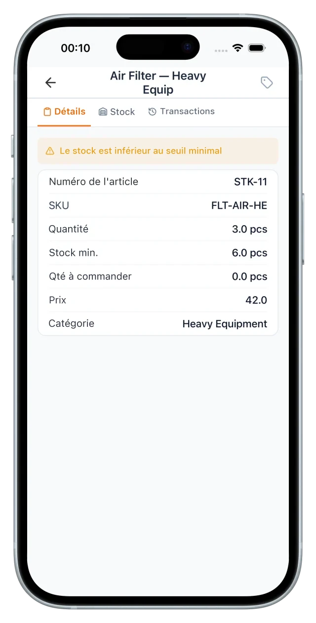 Fiche d'un filtre à air passé sous son seuil minimum : référence, SKU, quantité, quantité à recommander et prix