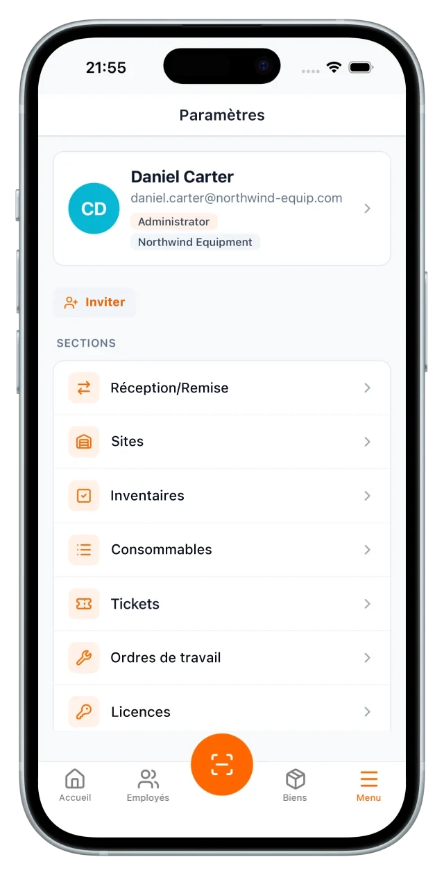 Menu mobile : profil du compte, puis les rubriques Réception/Remise, Sites, Inventaires, Consommables, Tickets, Ordres de travail et Licences