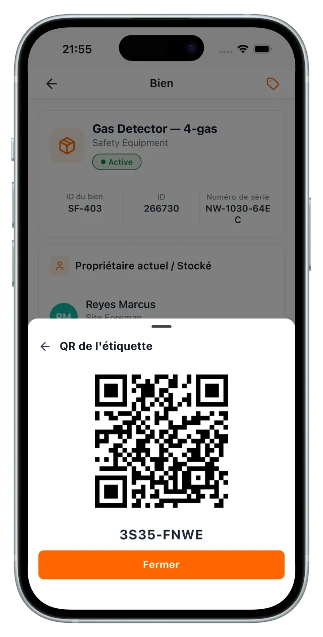 Fiche d'un détecteur 4 gaz avec sa planche d'étiquette QR ouverte, code 3S35-FNWE scannable, prêt à imprimer