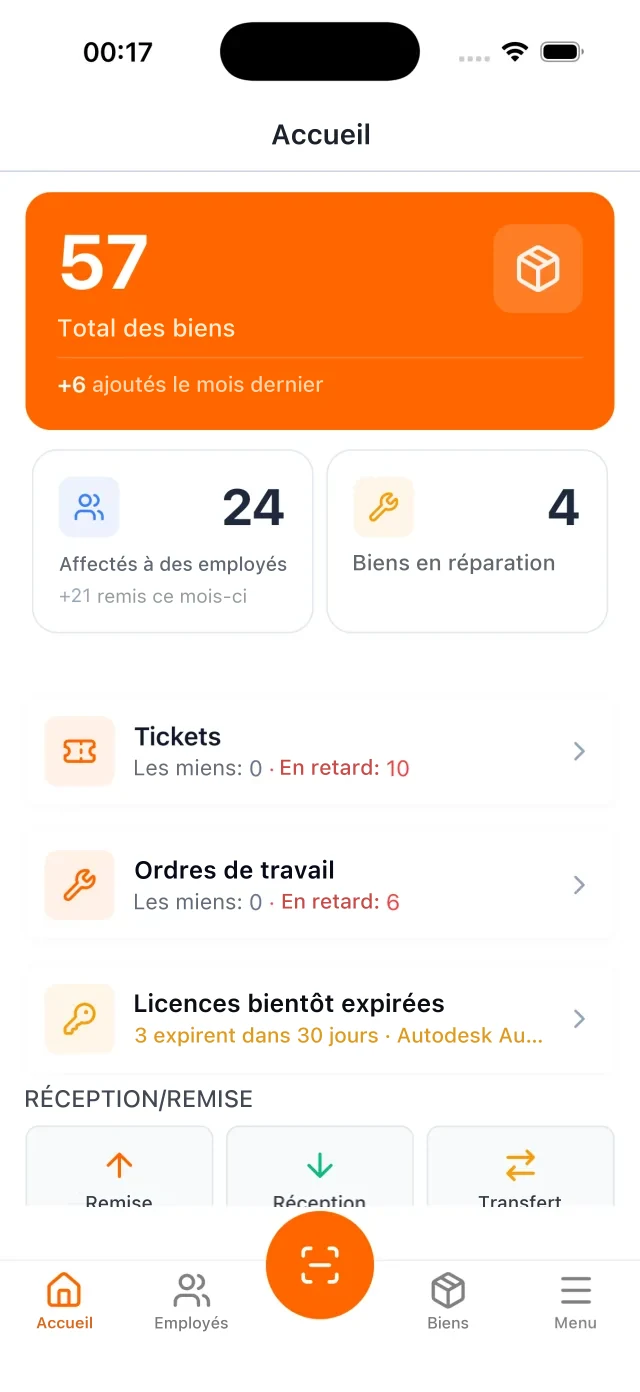 Écran d'accueil de l'application mobile UNIO24 : total des équipements, équipements détenus par des salariés et en réparation, compteurs de tickets et d'ordres de travail, et le bloc Réception/Remise avec les actions Remise, Réception et Transfert