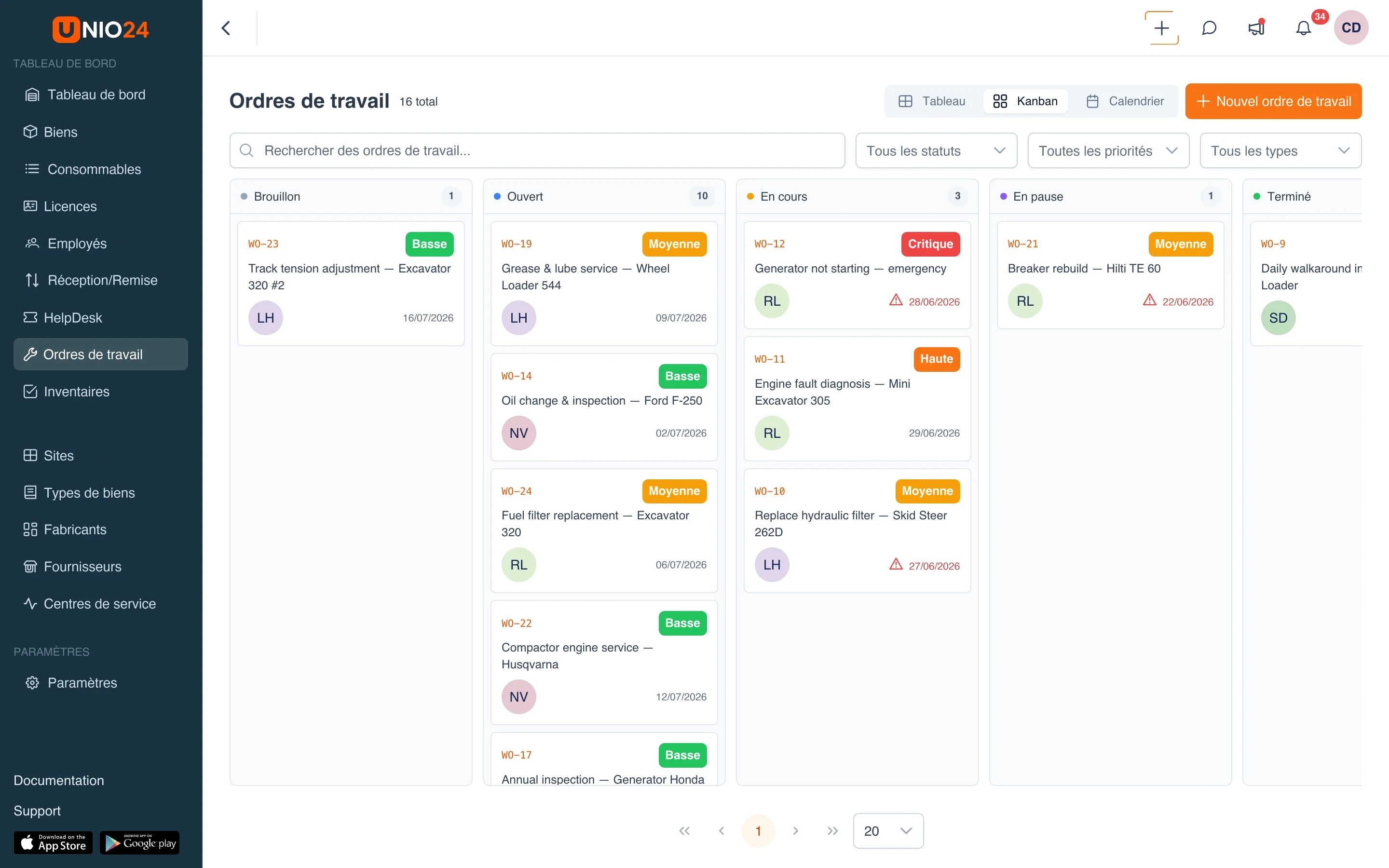 Tableau des ordres de travail, interventions de maintenance et de réparation classées par statut