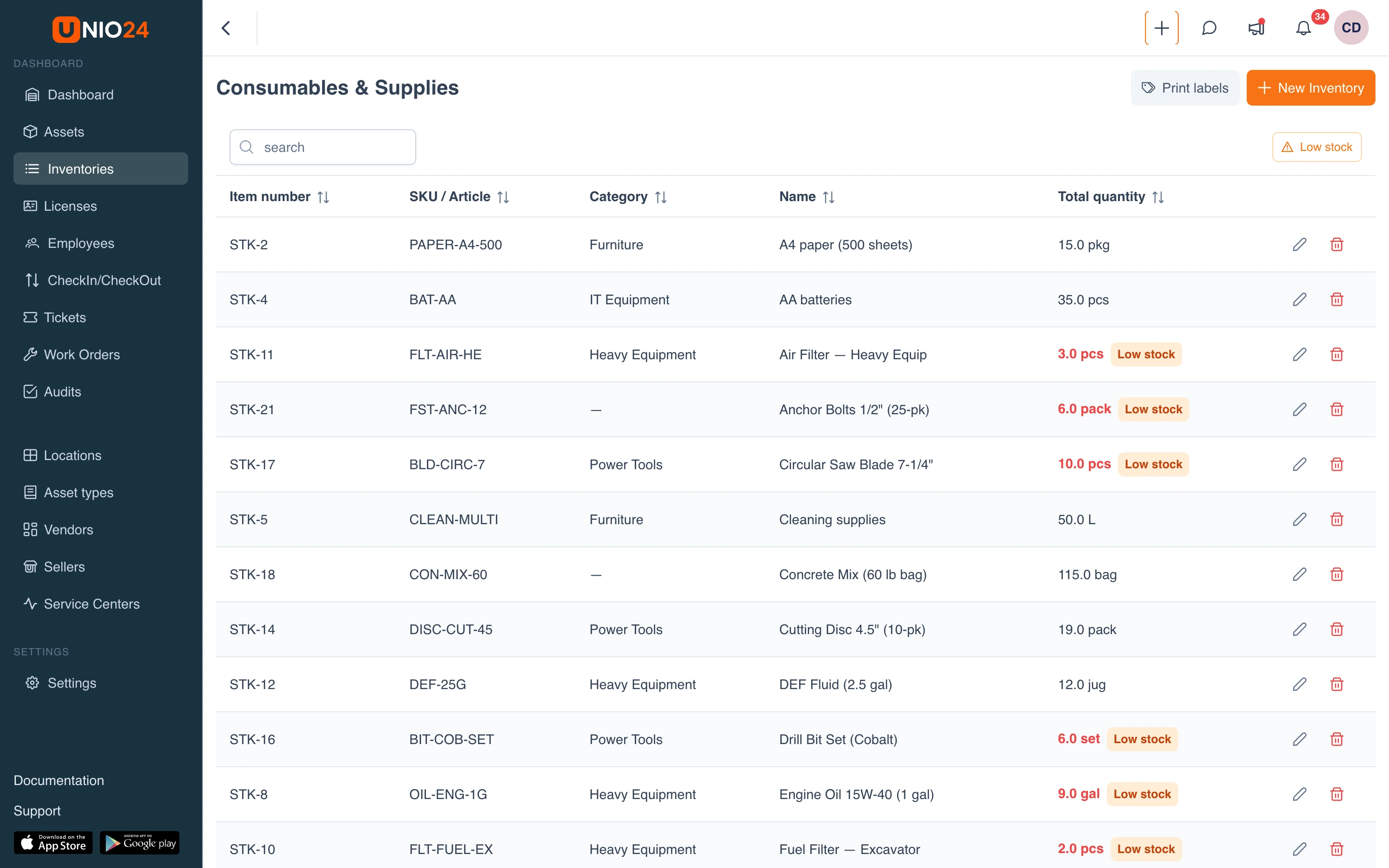 Inventory: stock levels and low-stock alerts by location