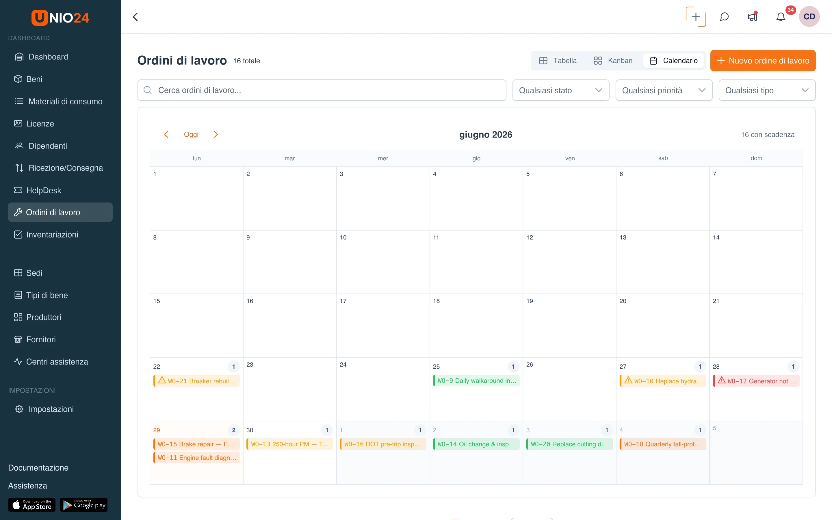 Calendario della manutenzione: interventi preventivi distribuiti sul mese