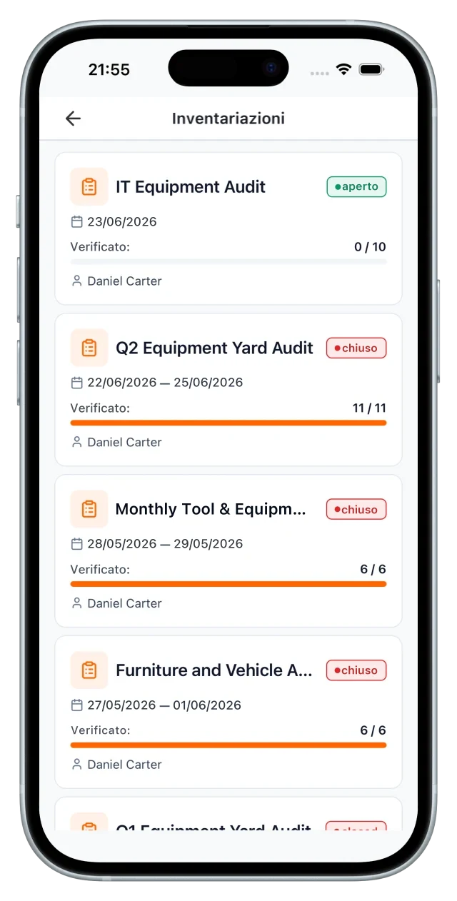 Inventario fisico nell'app mobile di UNIO24: elenco delle sessioni di conta con l'avanzamento