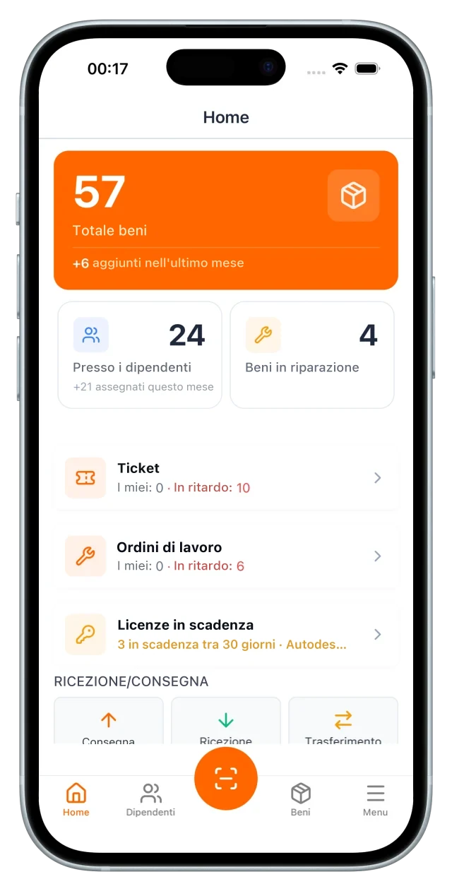 Schermata iniziale dell'app mobile di UNIO24, con il conteggio dei beni e le azioni rapide