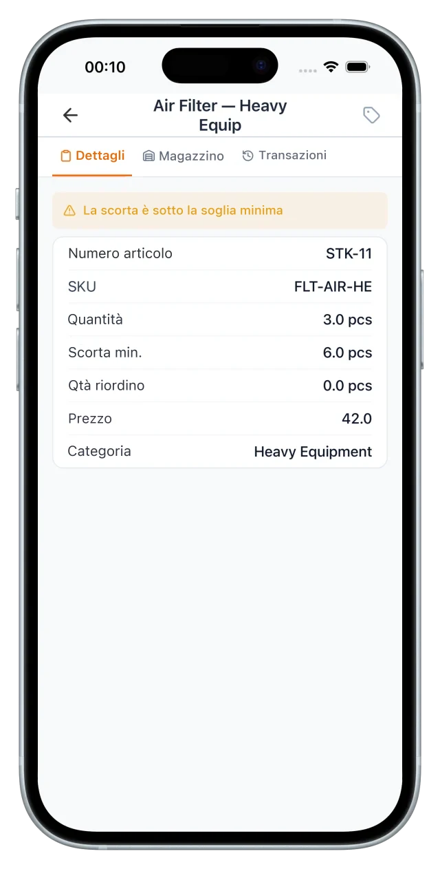 Filtro aria sceso sotto la soglia minima: codice articolo, SKU, quantità, riordino e prezzo