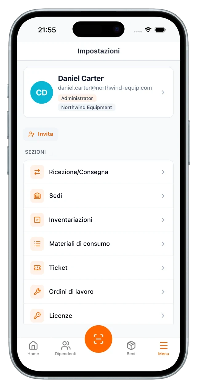 Menu: profilo del conto e le voci passaggi, ubicazioni, conte, magazzino, ticket, ordini di lavoro e licenze