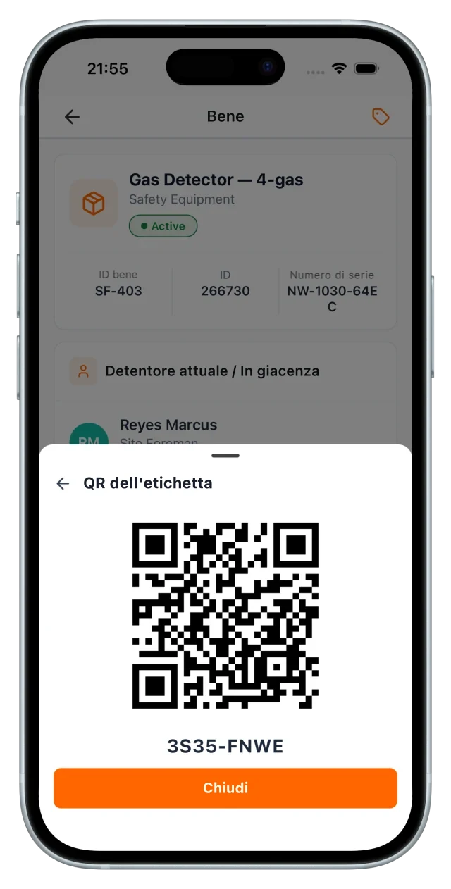 Scheda di un rilevatore a 4 gas con il foglio etichetta QR: il codice 3S35-FNWE pronto da stampare