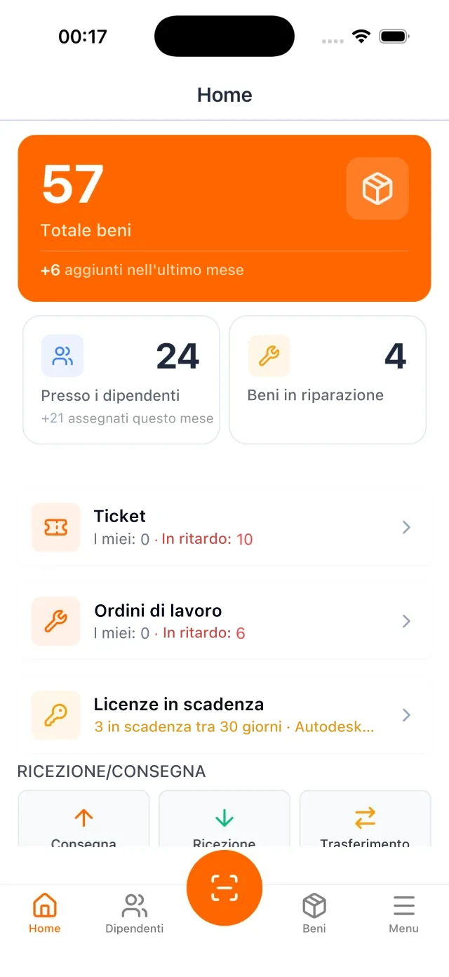 Schermata iniziale dell'app UNIO24: totale cespiti, beni assegnati e in riparazione, contatori di ticket e ordini di lavoro, azioni di consegna e restituzione