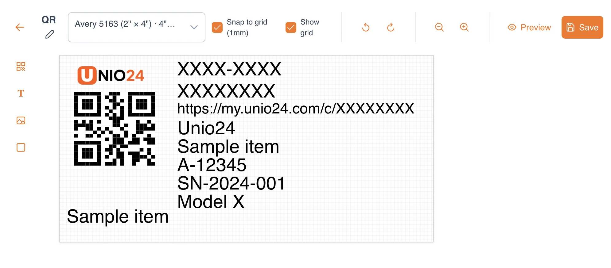 UNIO24 label designer: QR, fields, and logo laid out on an Avery label template