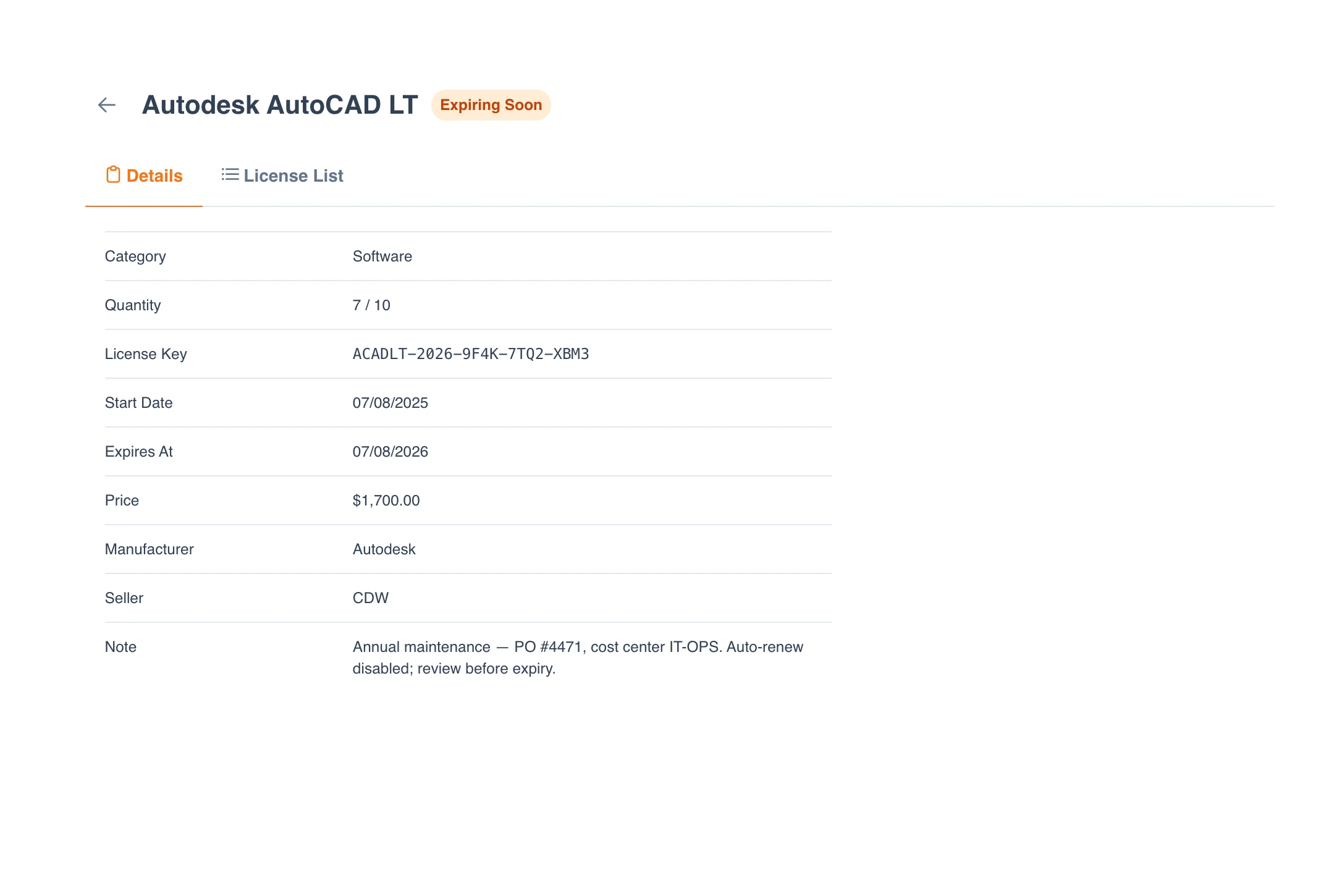 License detail record: category, seat count, license key, start and expiry dates, price, manufacturer, reseller, and a note carrying the PO number and cost center