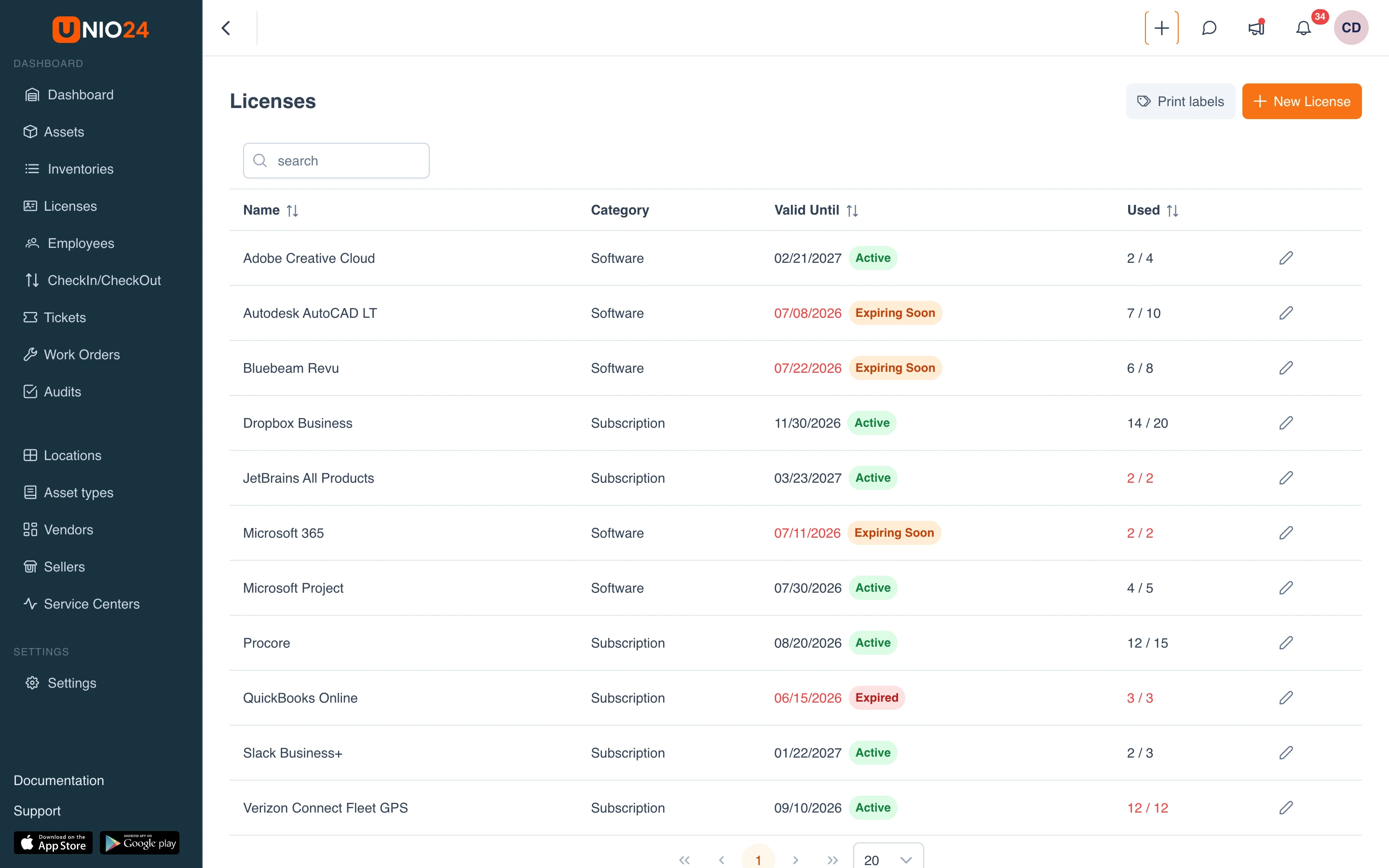 Licenses: software seats, renewals, and assignments