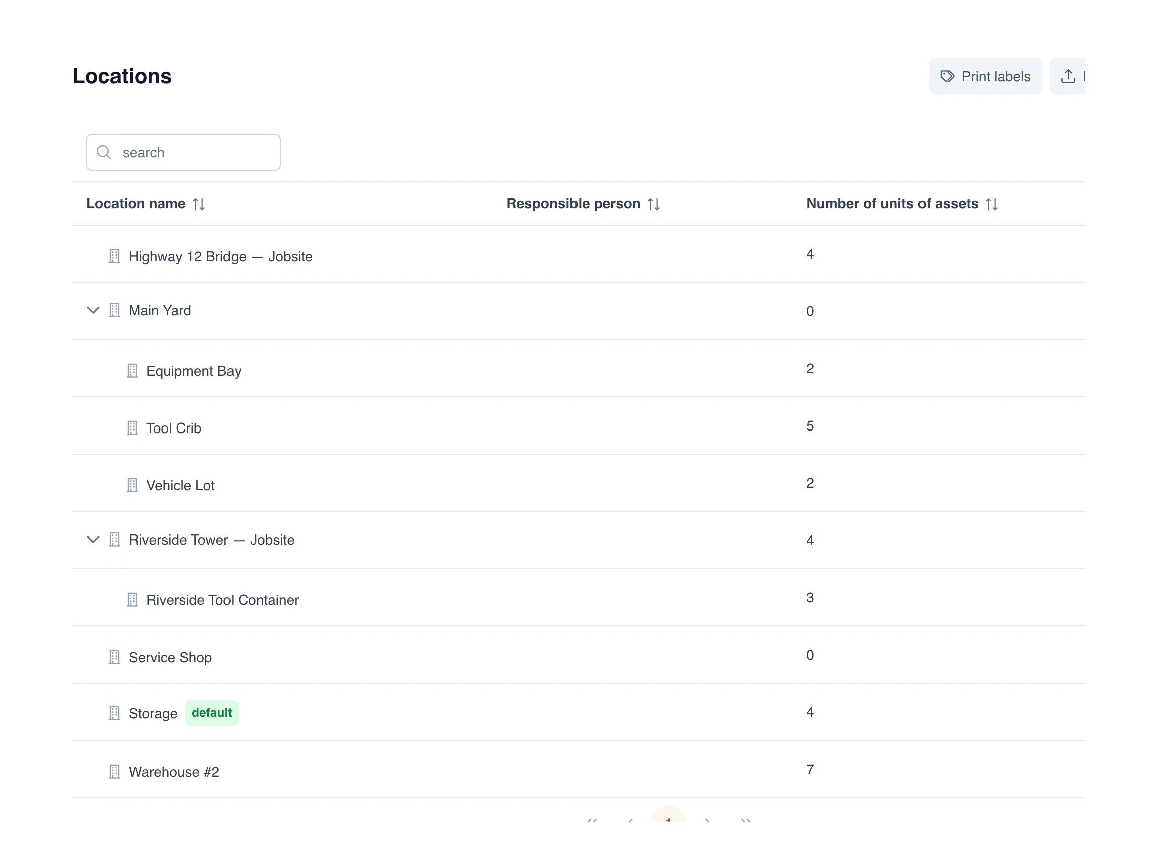 Location hierarchy view with transfer workflow