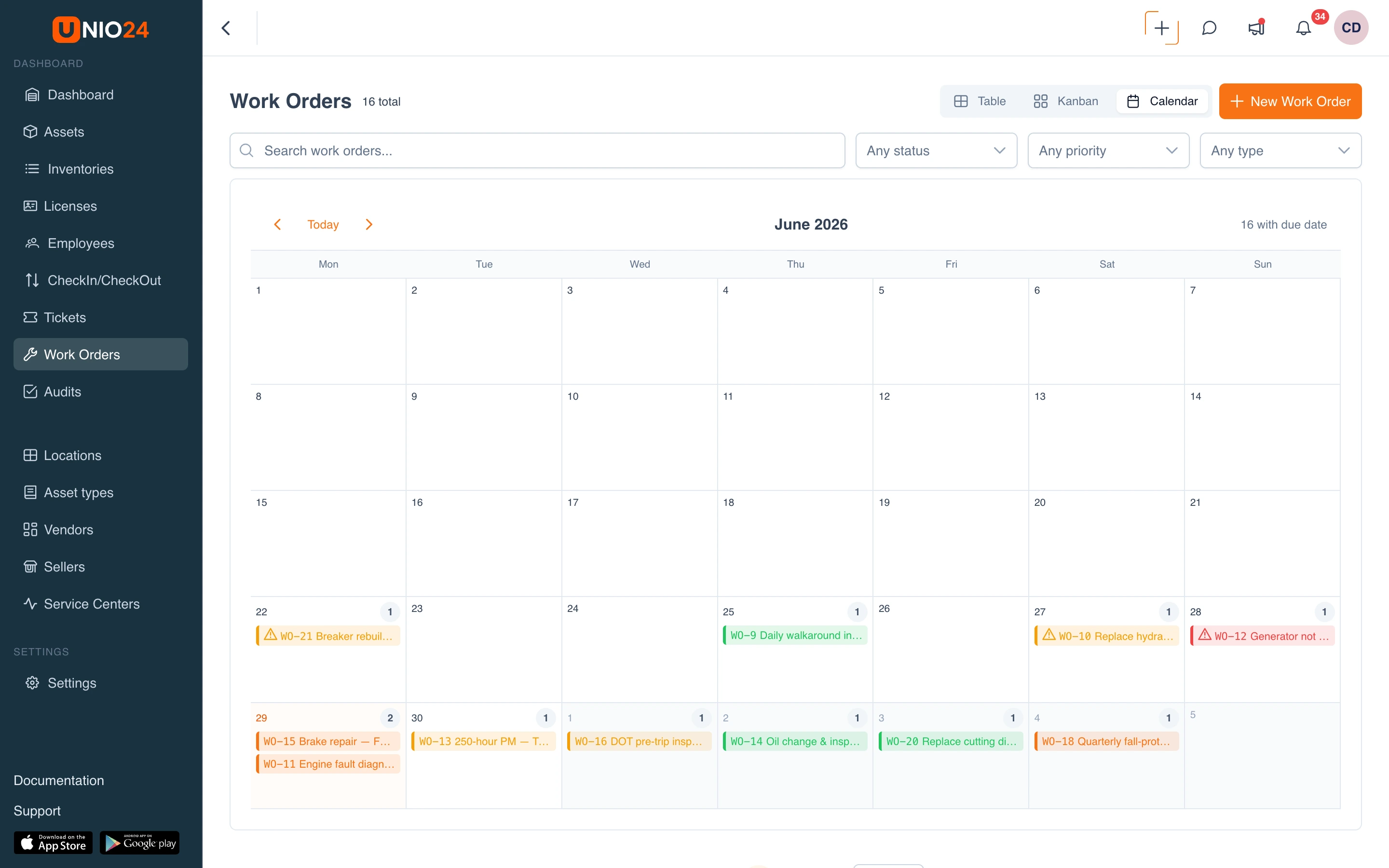 Maintenance calendar, preventive service scheduled across the month