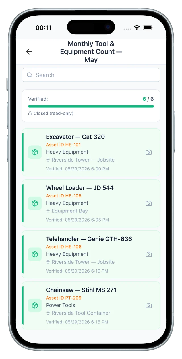 A closed read-only audit: Monthly Tool & Equipment Count with 6 of 6 assets verified, each with location and timestamp